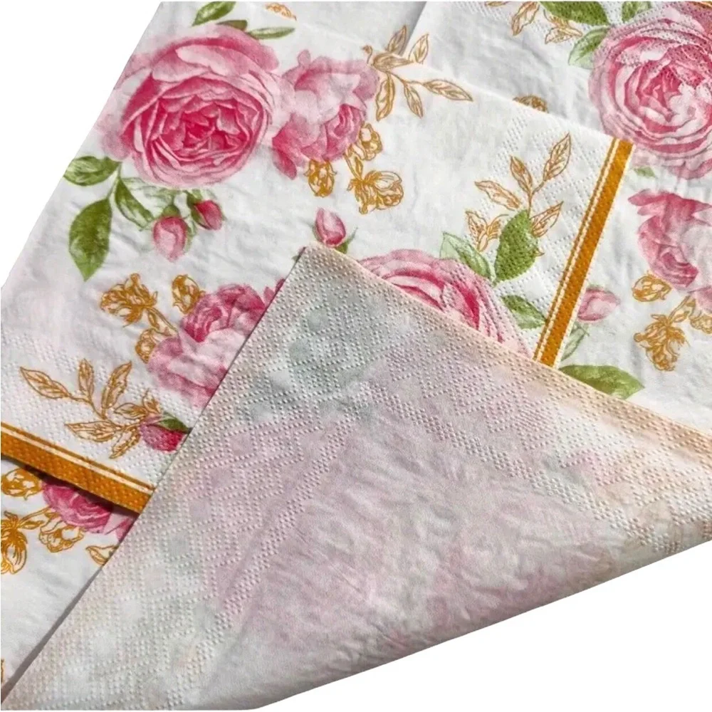 Pink Peony Gold Border Luncheon Paper Napkins, 20-ct
